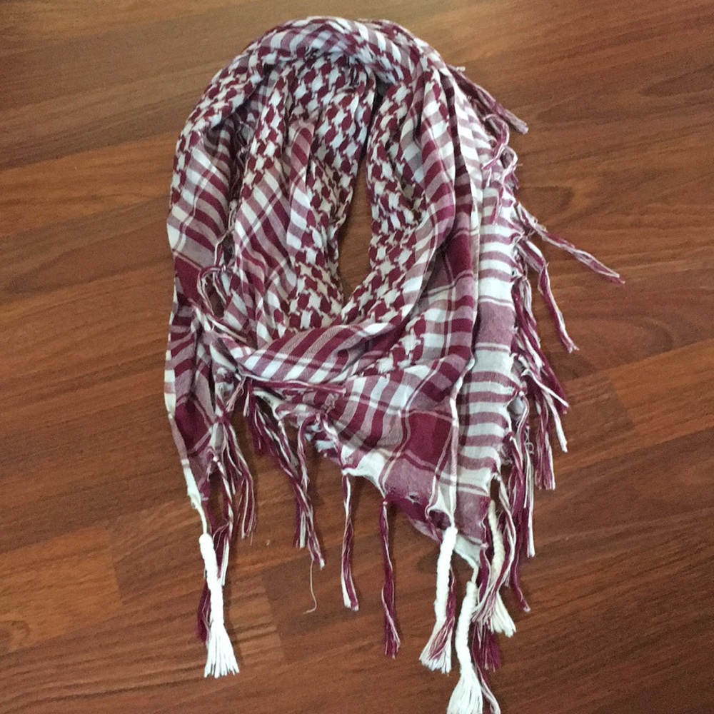 white and cranberry plaid scarf